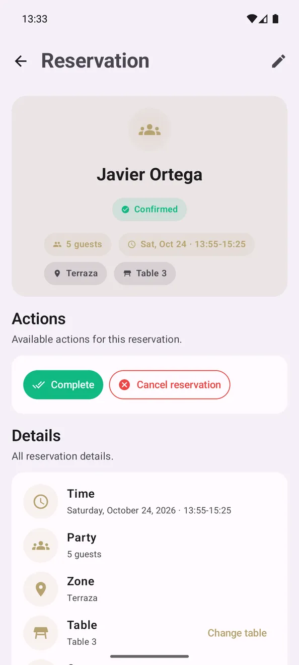 Javier Ortega's confirmed reservation: 5 people, Saturday 24 October from 14:00 to 15:30, terrace, table 3, with buttons to complete it, cancel it or change the table.