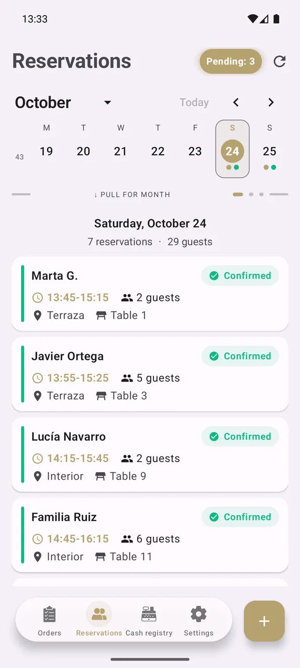 Reservations for Saturday 24 October: seven reservations for 29 people, each with its time, party size, zone and table.