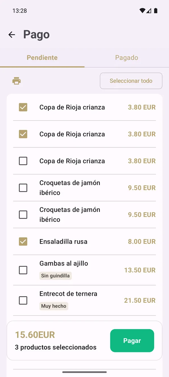 Pago de una mesa: tres productos marcados suman 15,60 € y se cobran aparte del resto.