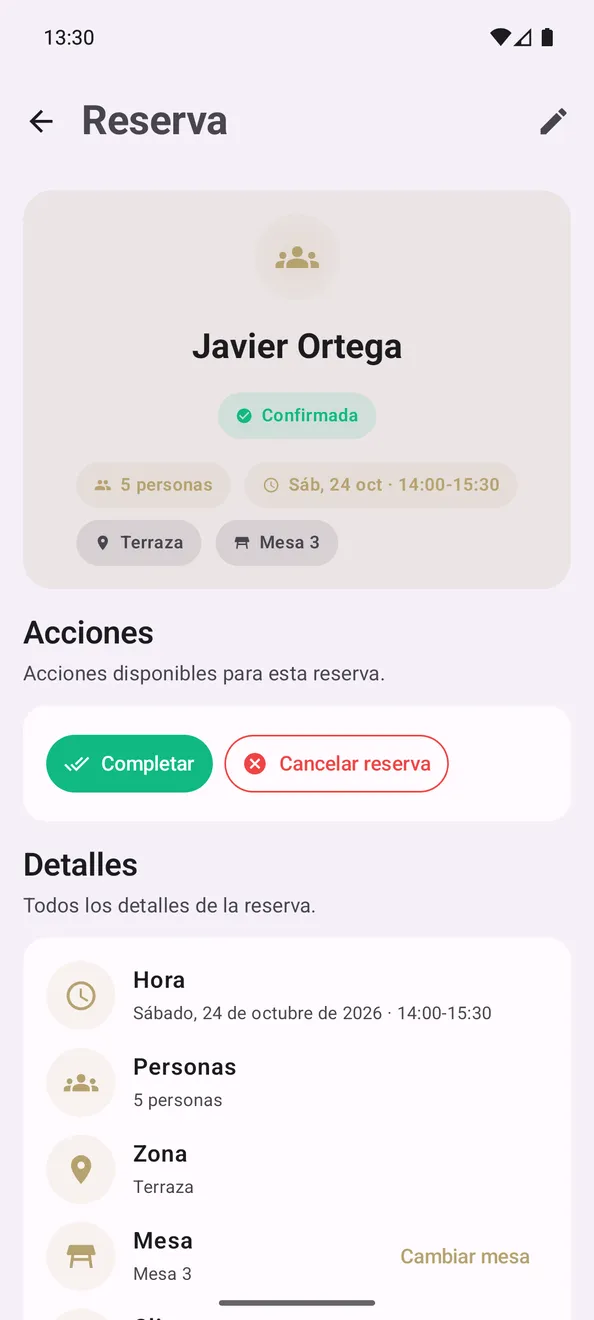 Reserva confirmada de Javier Ortega: 5 personas, sábado 24 de octubre de 14:00 a 15:30, terraza, mesa 3, con botones para completarla, cancelarla o cambiar de mesa.