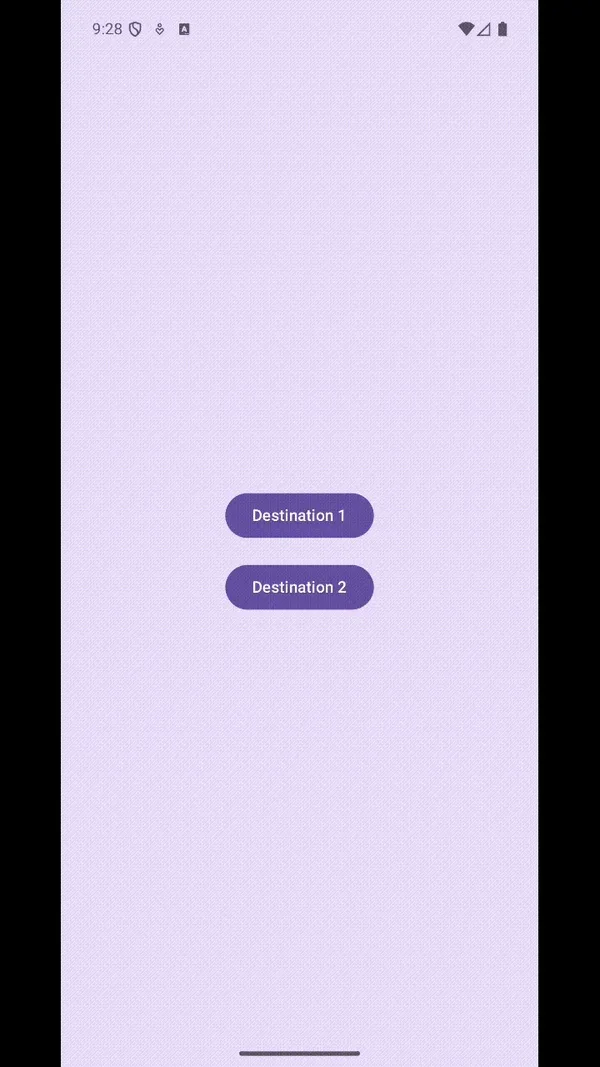 The Android example app: tapping Destination 1 opens a screen that reads "Navigating from Android", the back gesture returns home, then Destination 2 opens and closes the same way