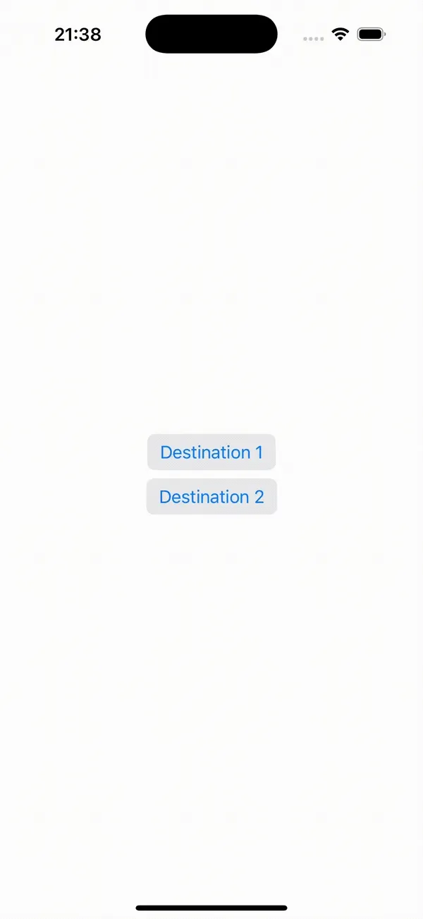 The iOS example app: tapping Destination 1 pushes a screen that reads "Navigating from iOS", swiping back returns home, then Destination 2 opens and closes the same way